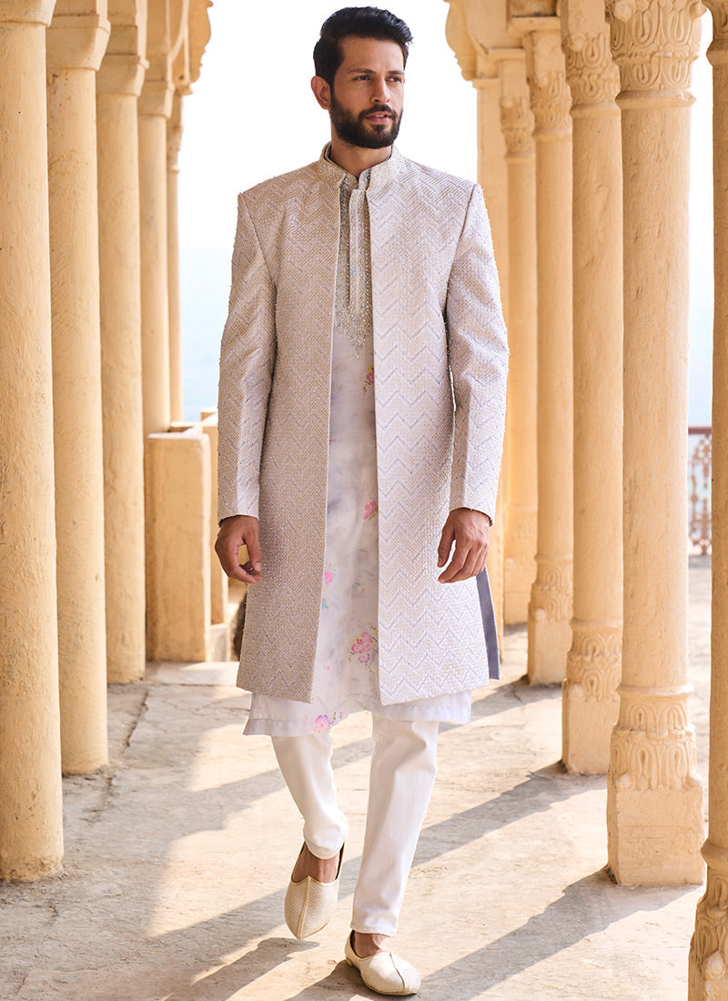 Light Grey Hand Embroidered Velvet Jodhpuri Set