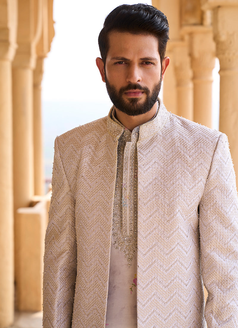 Light Grey Hand Embroidered Velvet Jodhpuri Set
