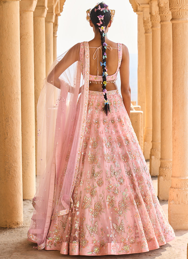 Peach Heavy Embellished Net Lehenga