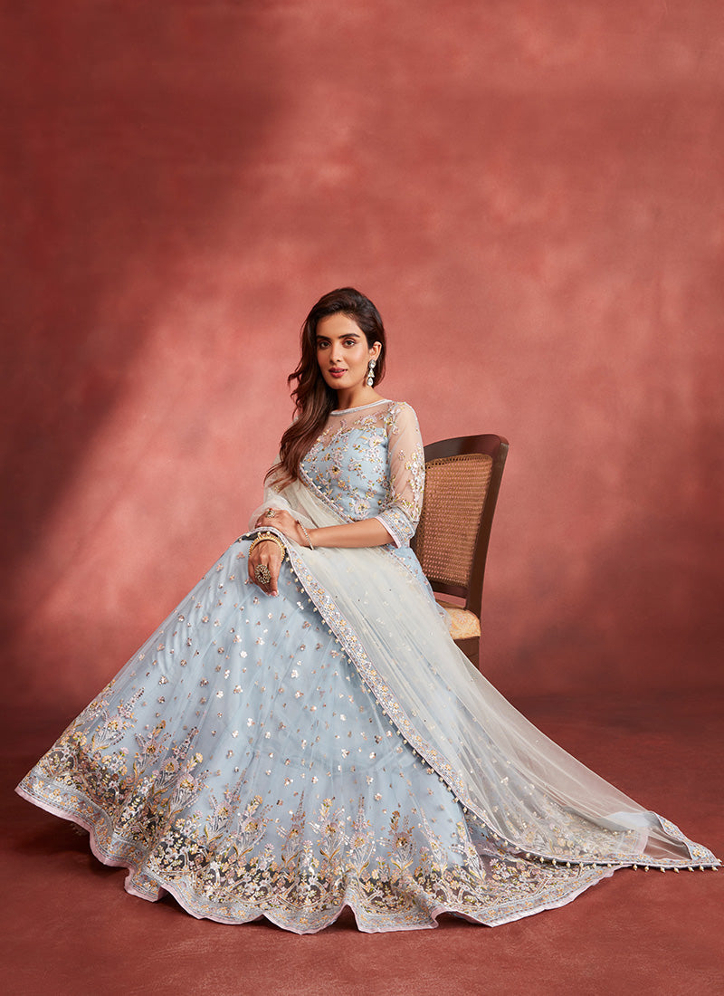 Dusty Blue Embroidered Net Lehenga