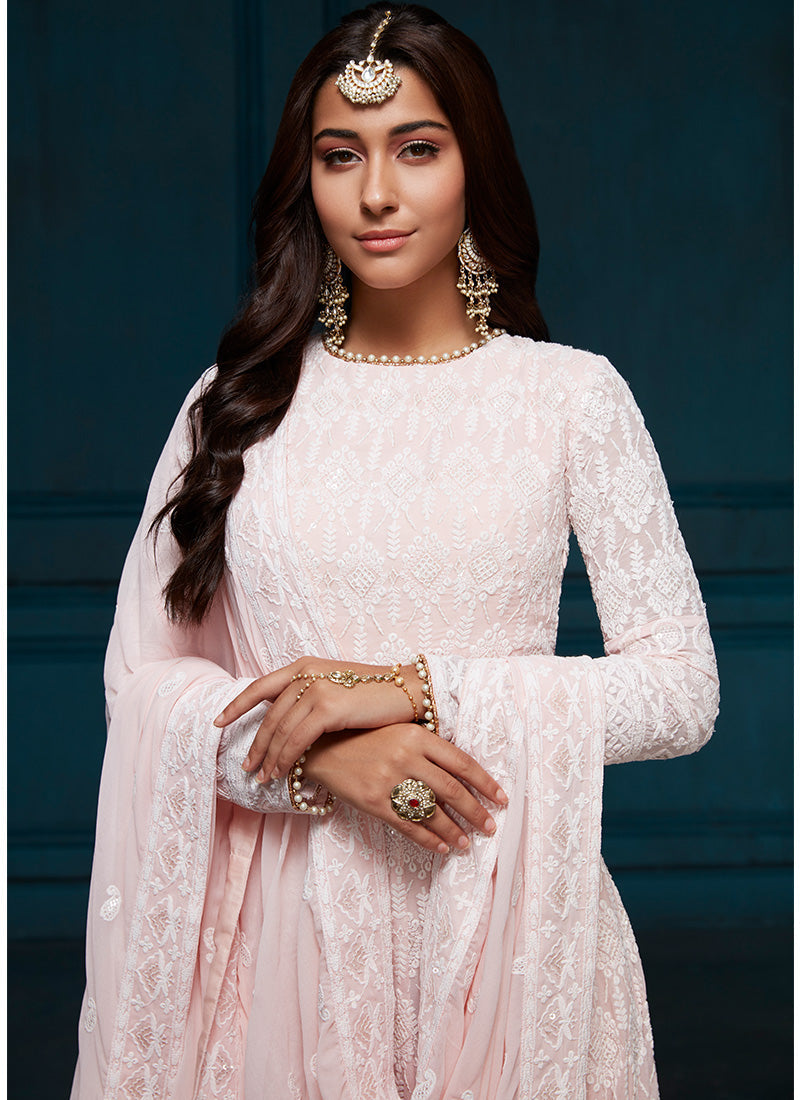 Light Pink Thread Embroidered Anarkali - Lashkaraa