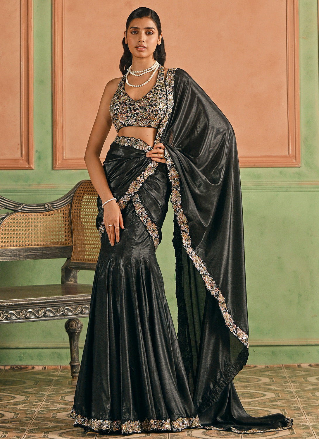 Black Embroidered Silk Saree