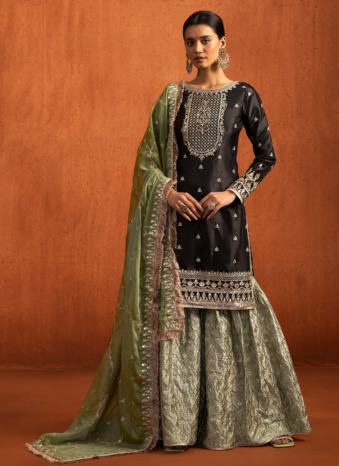 Black and Green Embroidered Silk Sharara Suit