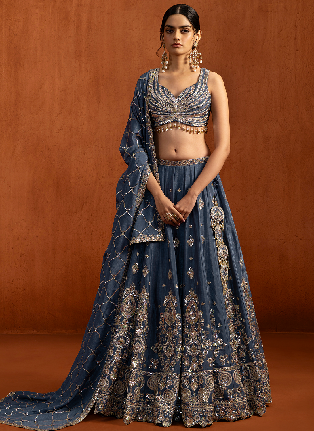 Blue Embroidered Chiffon Lehenga