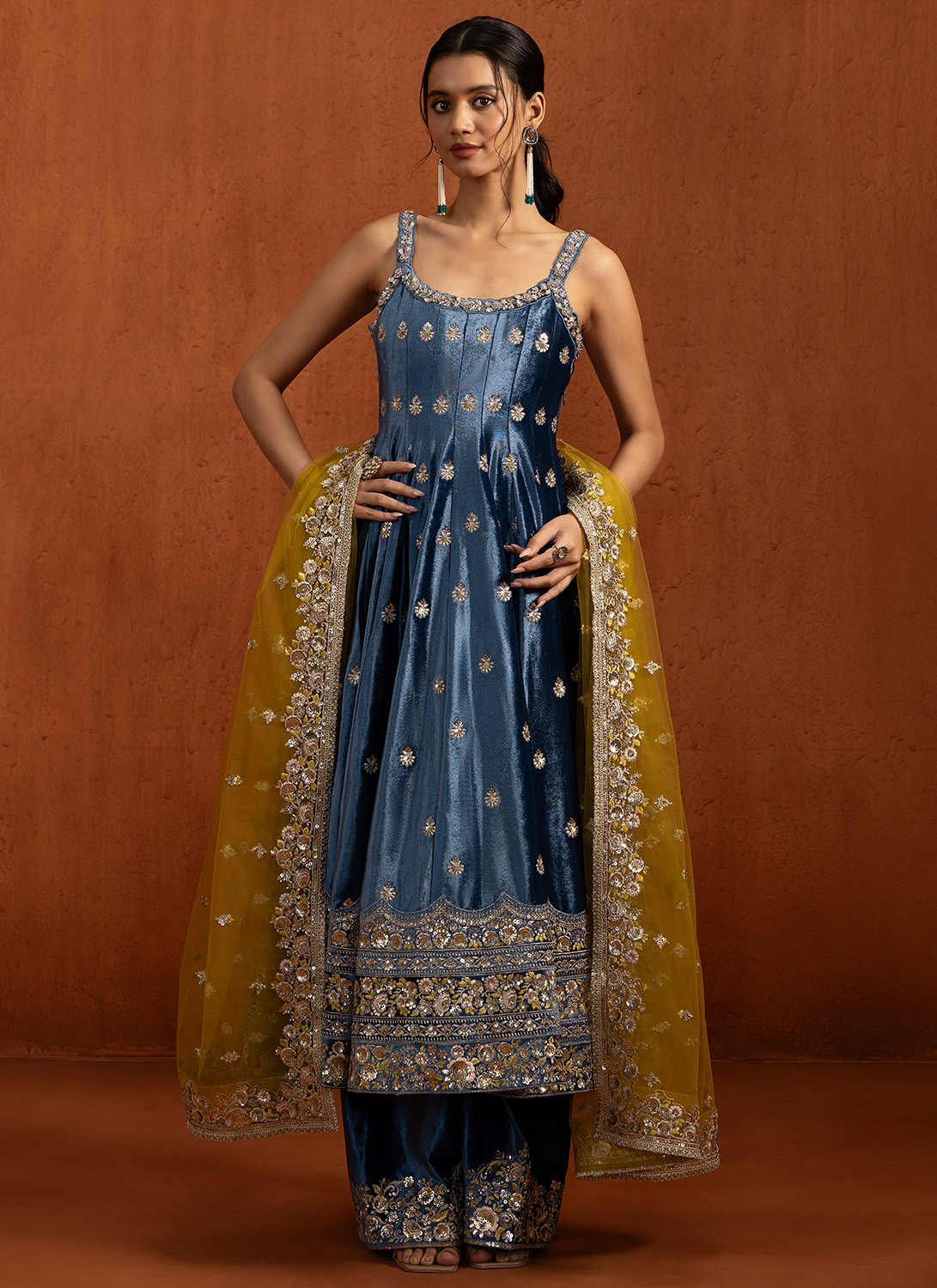 Blue Embroidered Velvet Anarkali