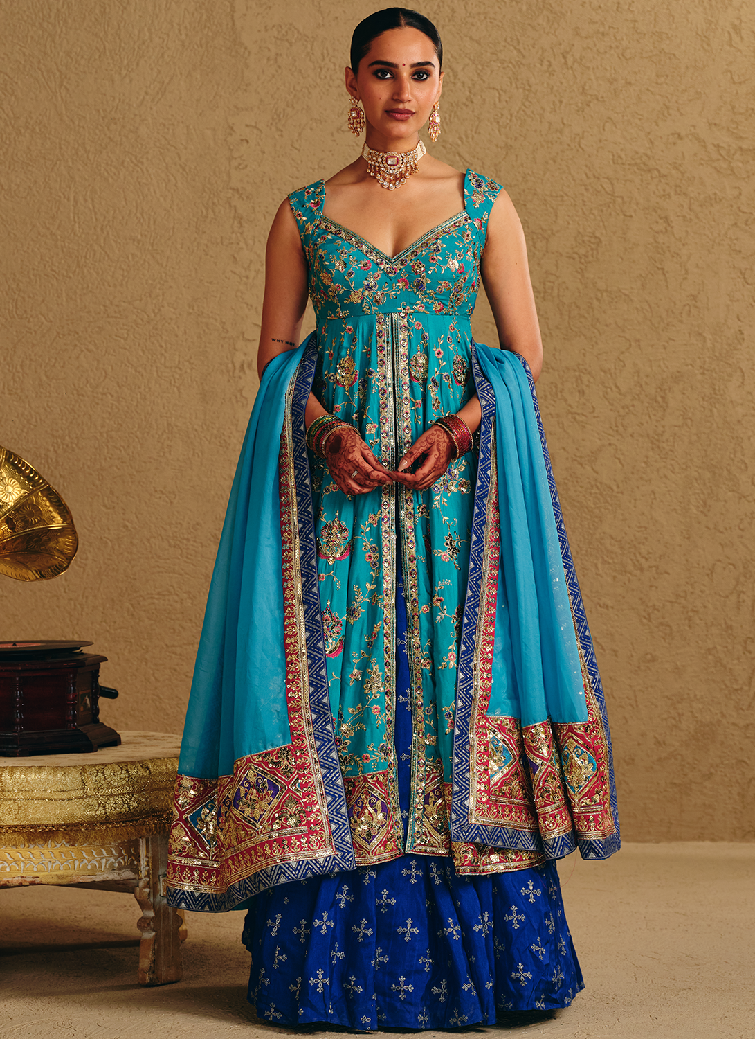 Blue Embroidered Viscose Silk Kurti Style Lehenga