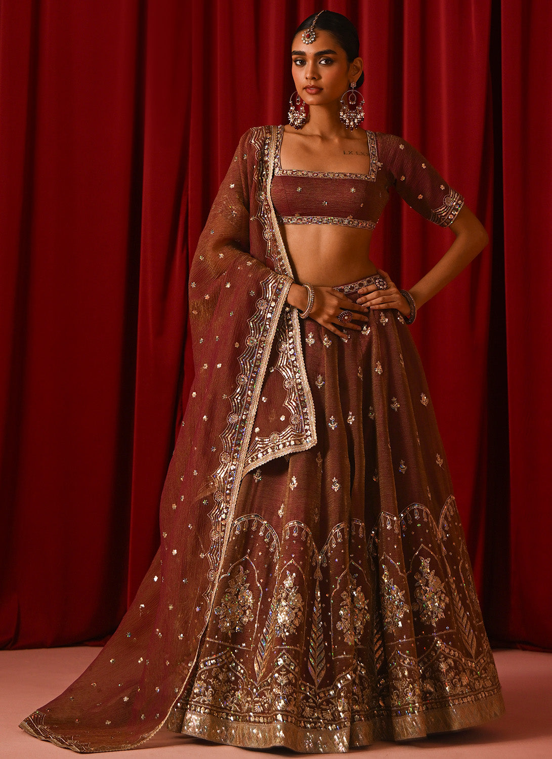 Brown Embroidered Tissue Lehenga