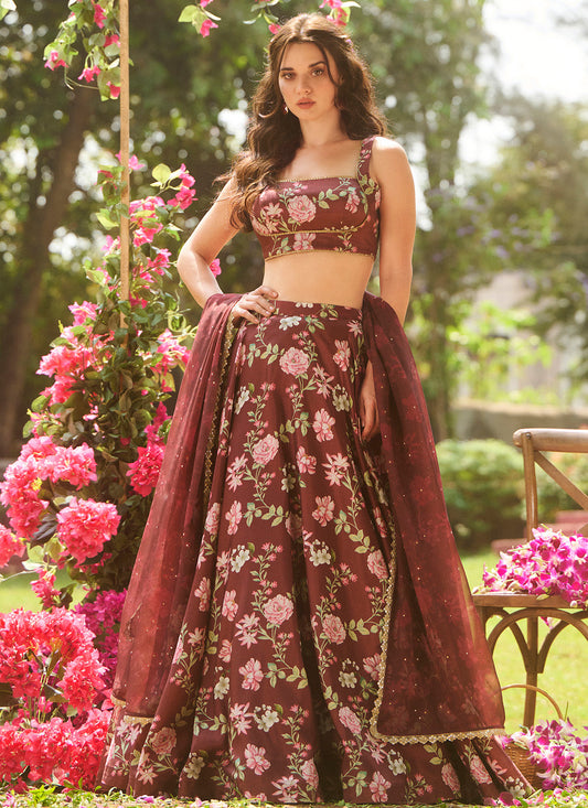 Brown Multicolor Floral Printed Lehenga