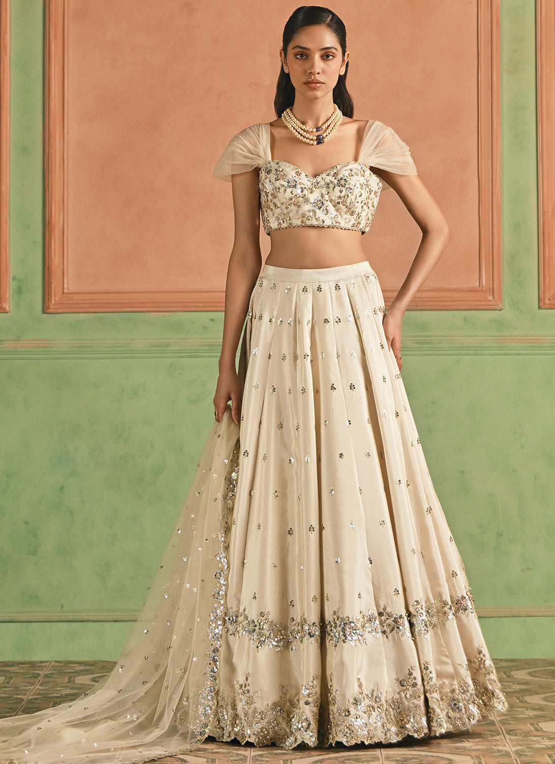Cream Embroidered Viscose Tissue Lehenga