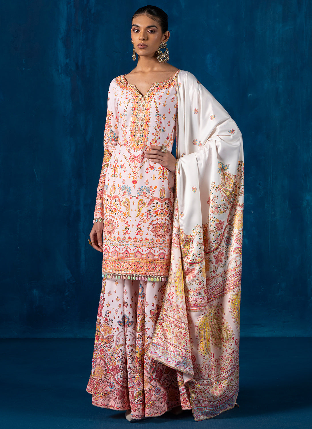 Cream Multicolor Embroidered Gharara Suit