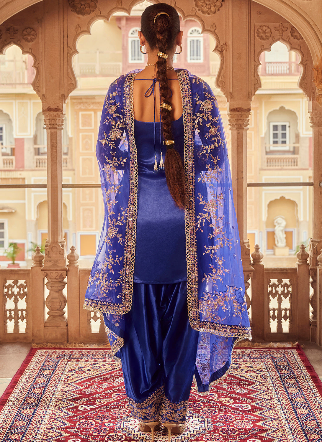 Royal Blue Embroidered Satin Punjabi Suit