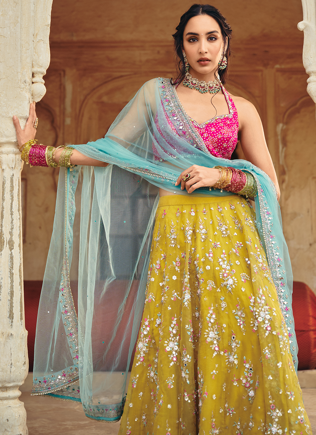 Mustard Multicolor Embroidered Bandhani Lehenga