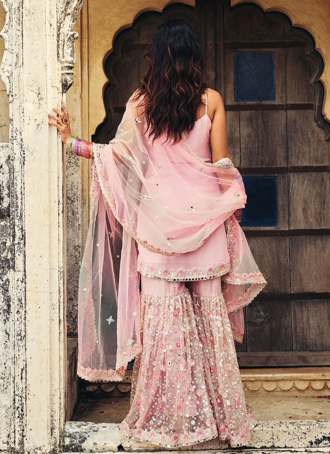 Blush Pink Embroidered Viscose Chinon Gharara