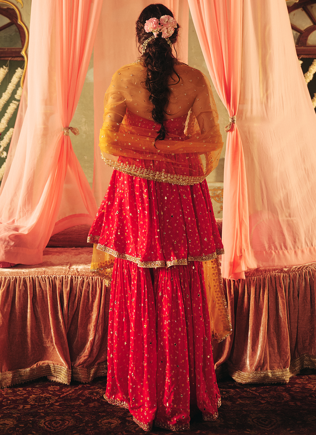 Hot Pink Embroidered Viscose Bandhani Gharara
