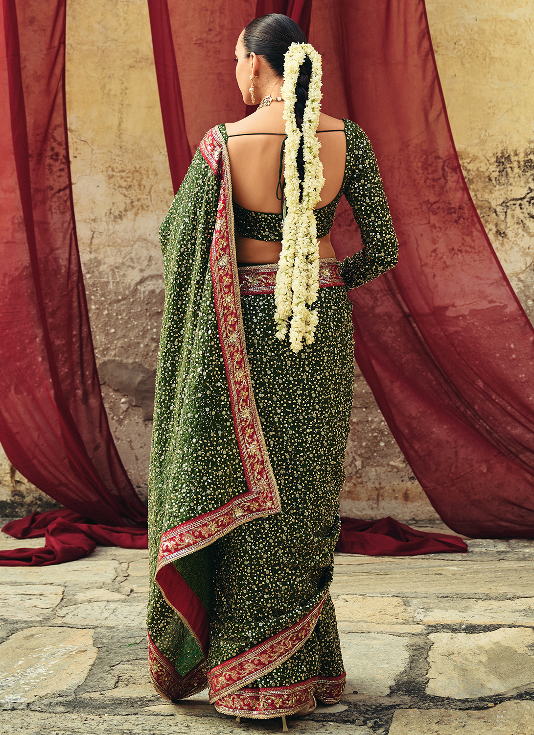 Green Embroidered Brocade Saree
