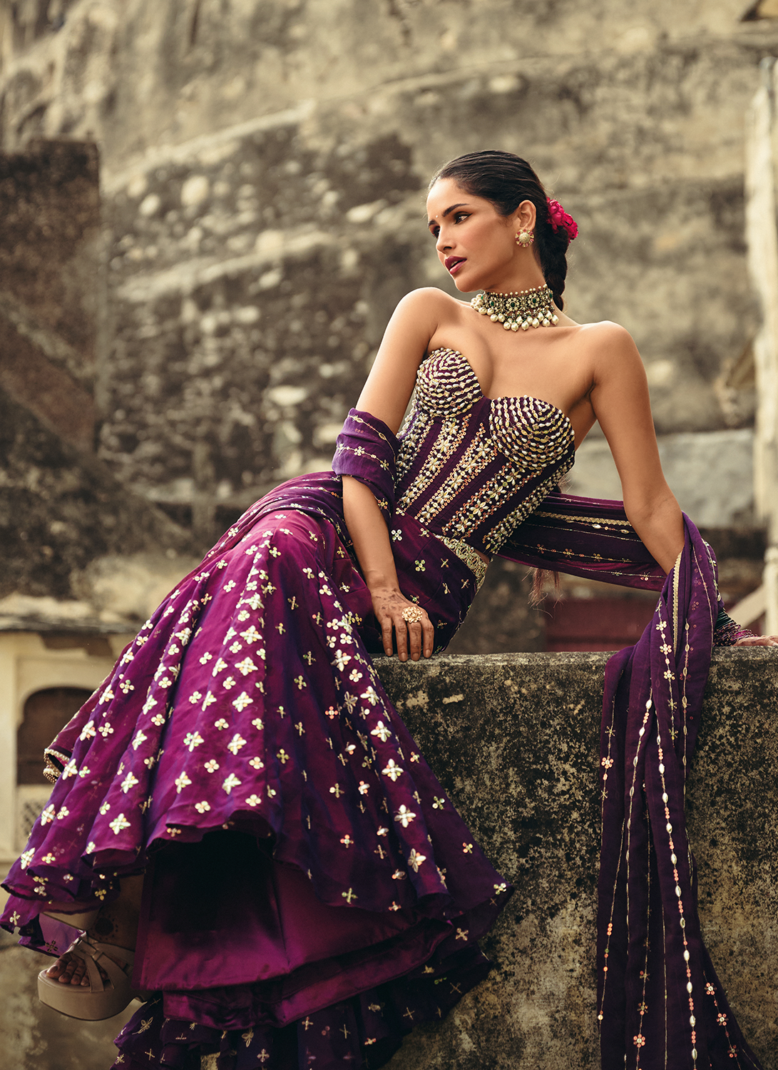 Purple Embroidered Georgette Corset Style Lehenga
