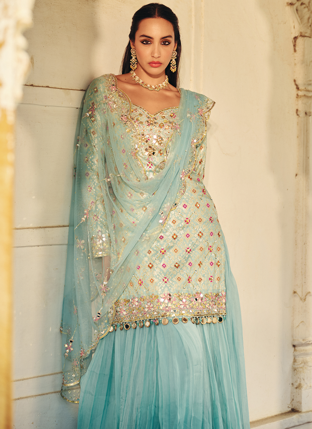Mint Blue Embroidered Viscose Silk Sharara