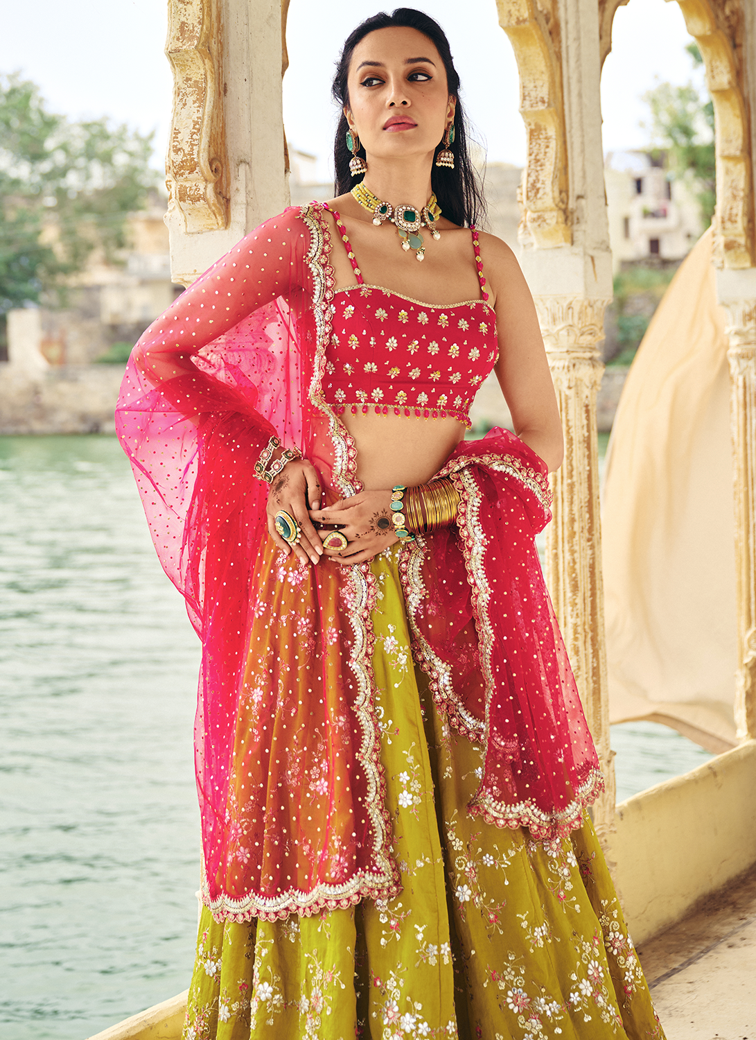Olive Green and Hot Pink Embroidered Silk Lehenga