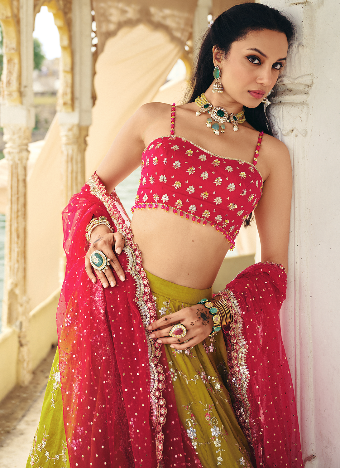 Olive Green and Hot Pink Embroidered Silk Lehenga