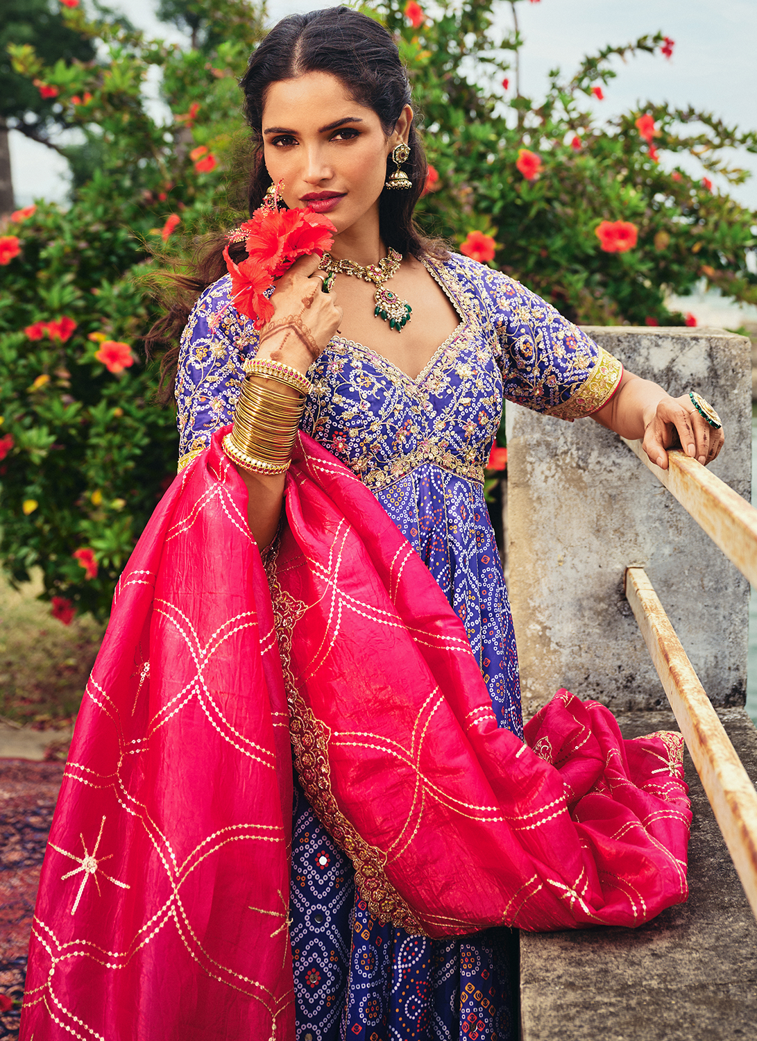 Blue Multicolor Embroidered Bandhani Anarkali