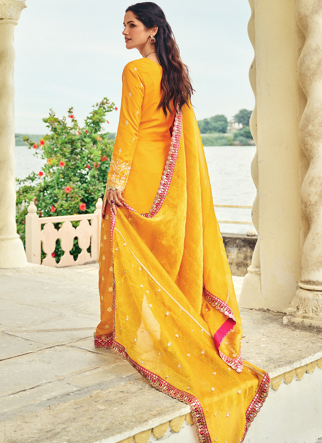 Orange Embroidered Crepe Punjabi Suit