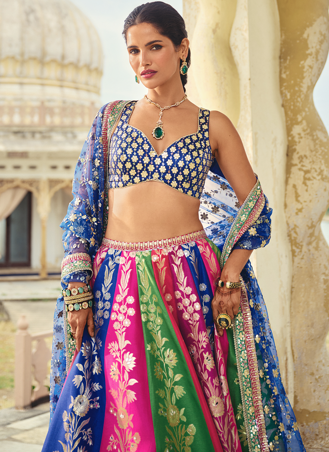 Blue Multicolor Embroidered Silk Lehenga