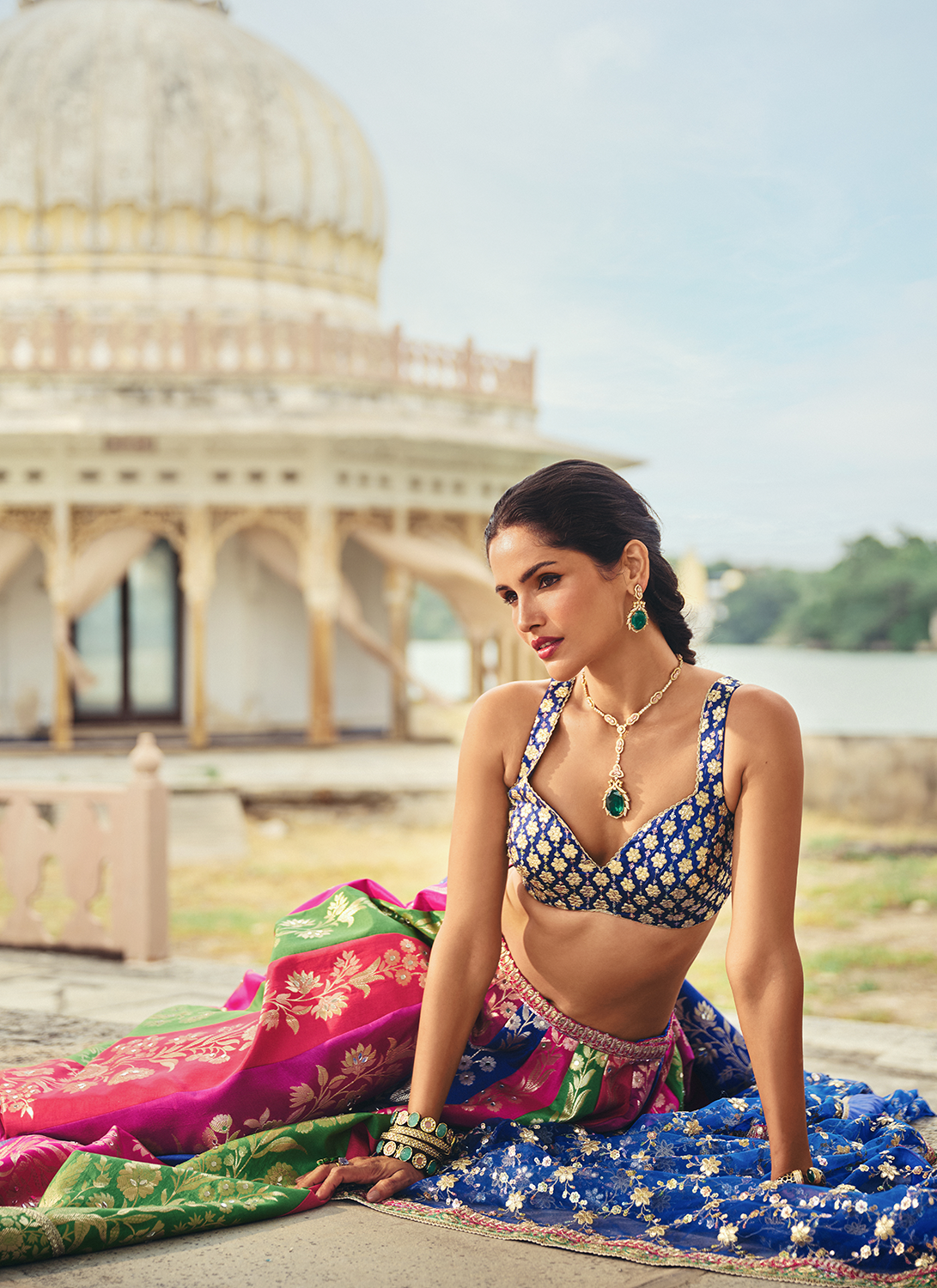 Blue Multicolor Embroidered Silk Lehenga