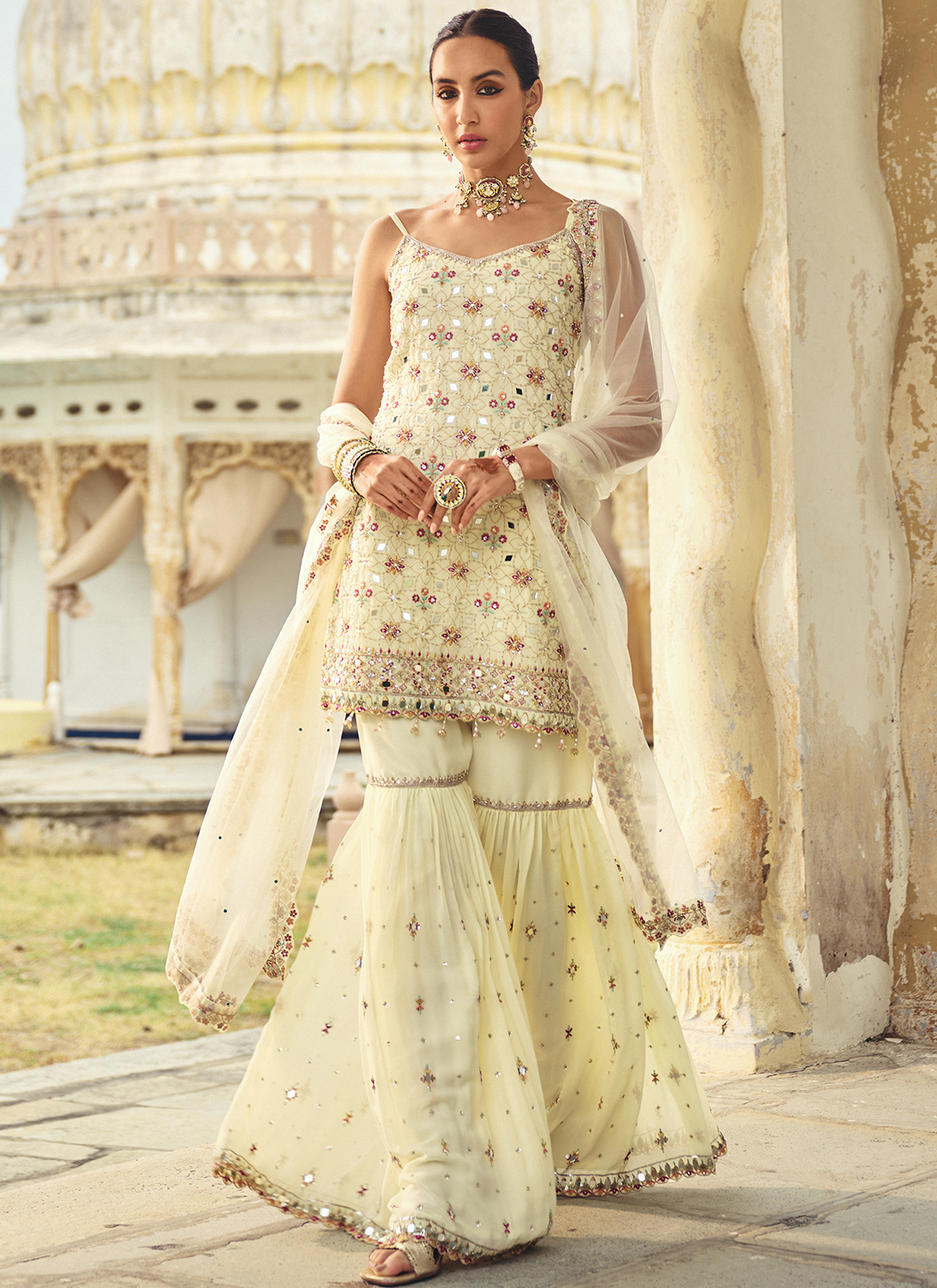 Ivory Embroidered Georgette Gharara