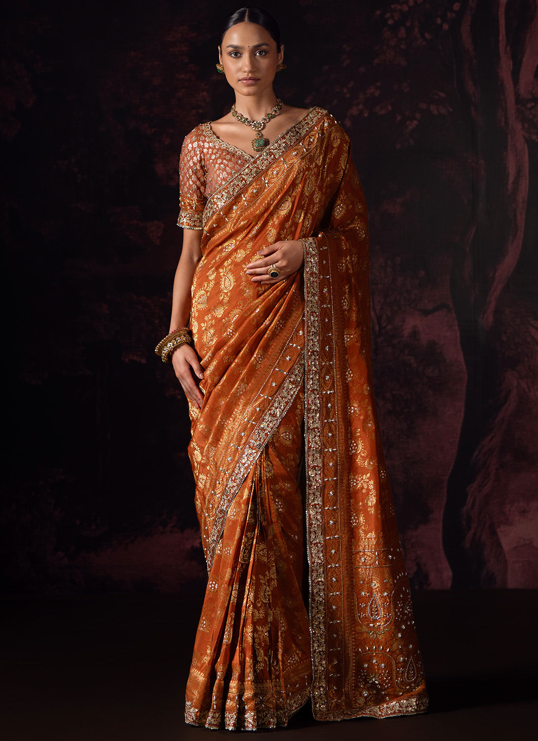 Deep Mustard Embroidered Silk Saree