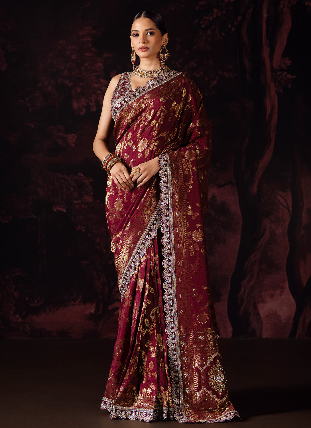 Deep Burgundy Embroidered Silk Saree