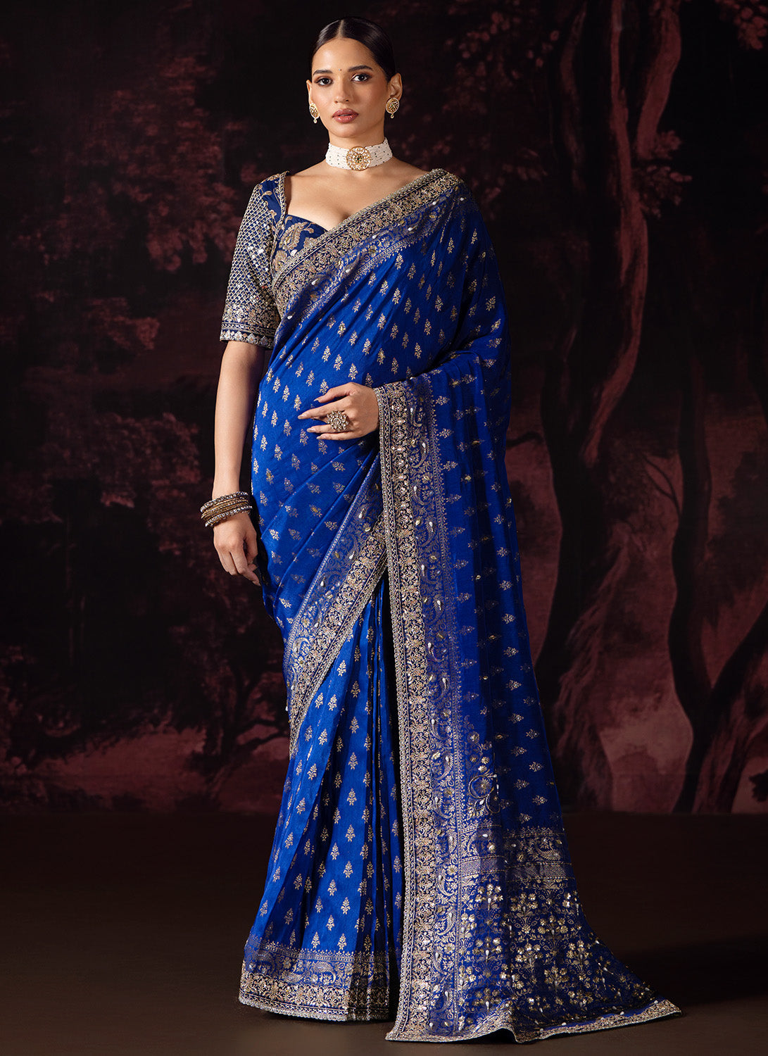 Deep Royal Blue Embroidered Silk Saree