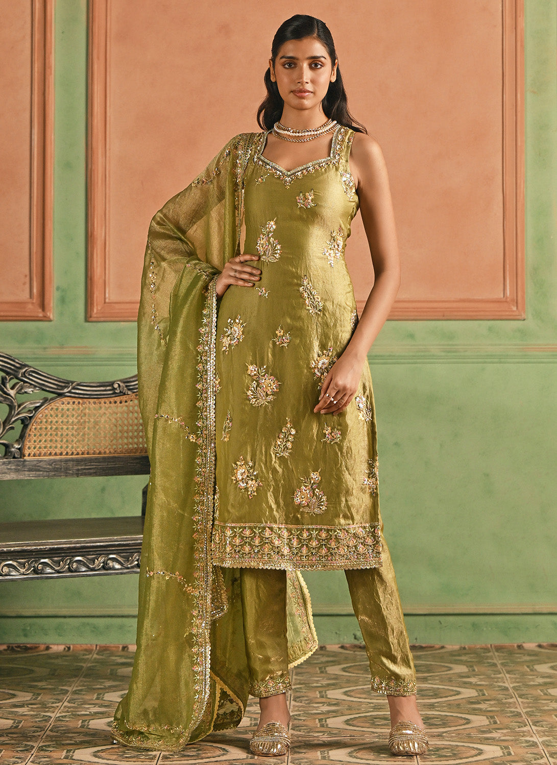 Dusty Green Embroidered Satin Straight Suit