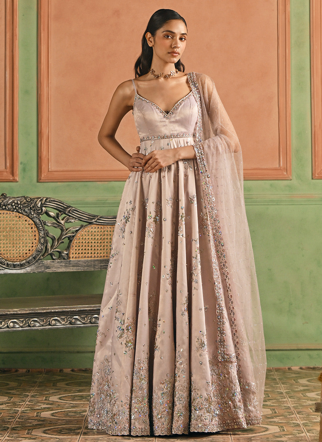 Dusty Mauve Embroidered Tissue Anarkali