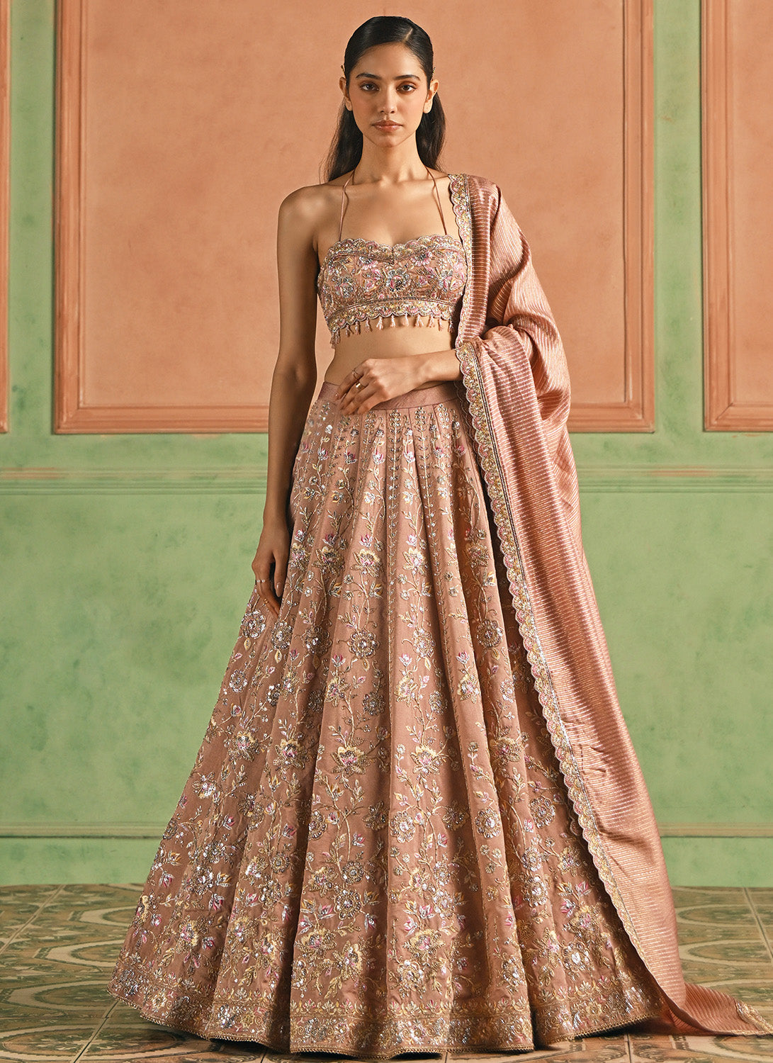 Dusty Pink Embroidered Silk Lehenga