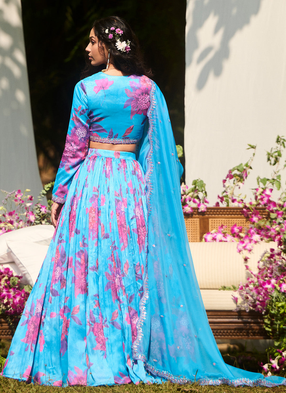 Light Blue Multicolor Floral Printed Lehenga
