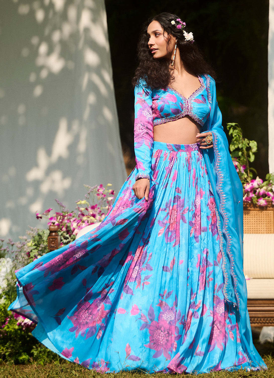 Light Blue Multicolor Floral Printed Lehenga