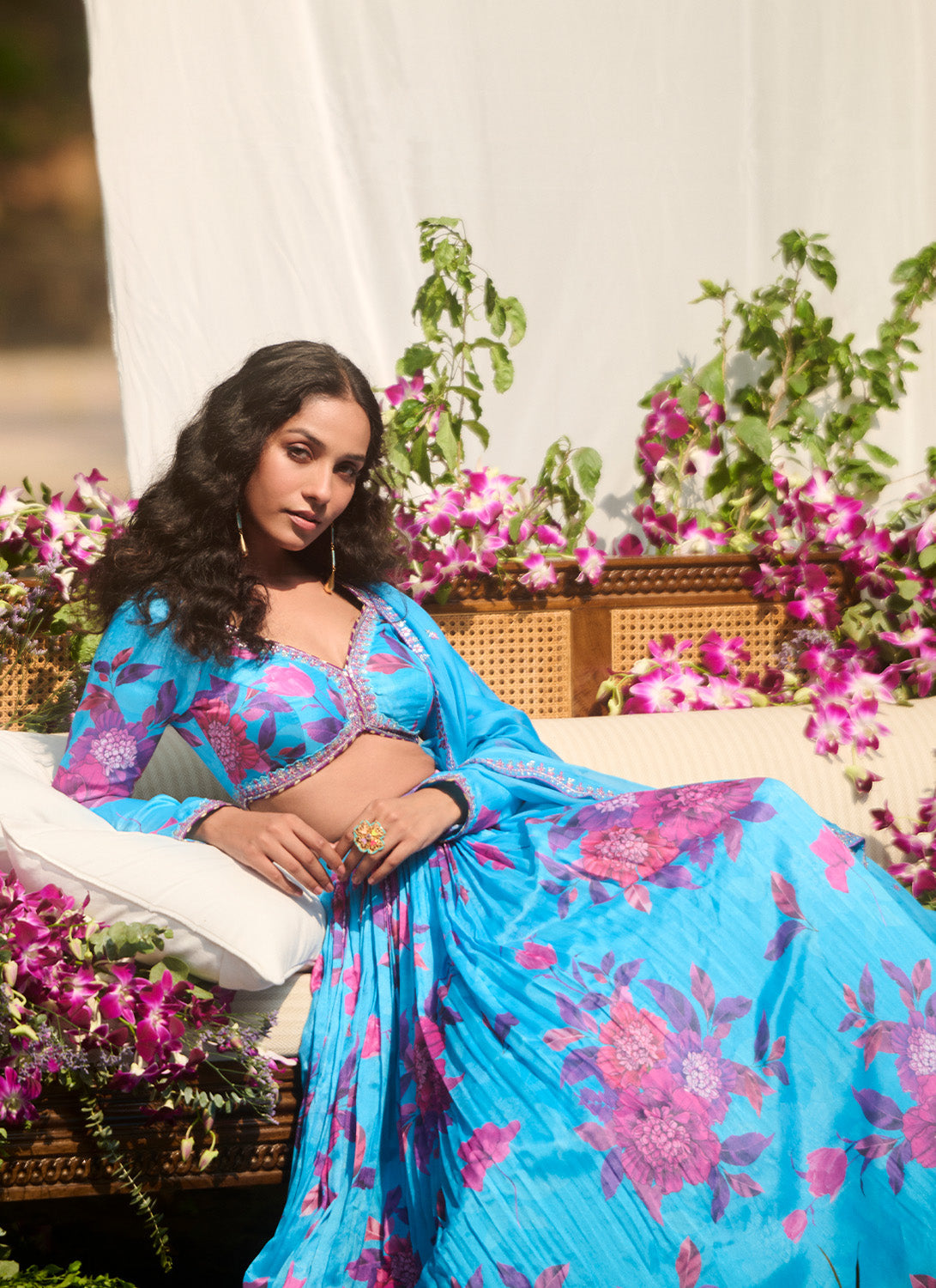 Light Blue Multicolor Floral Printed Lehenga