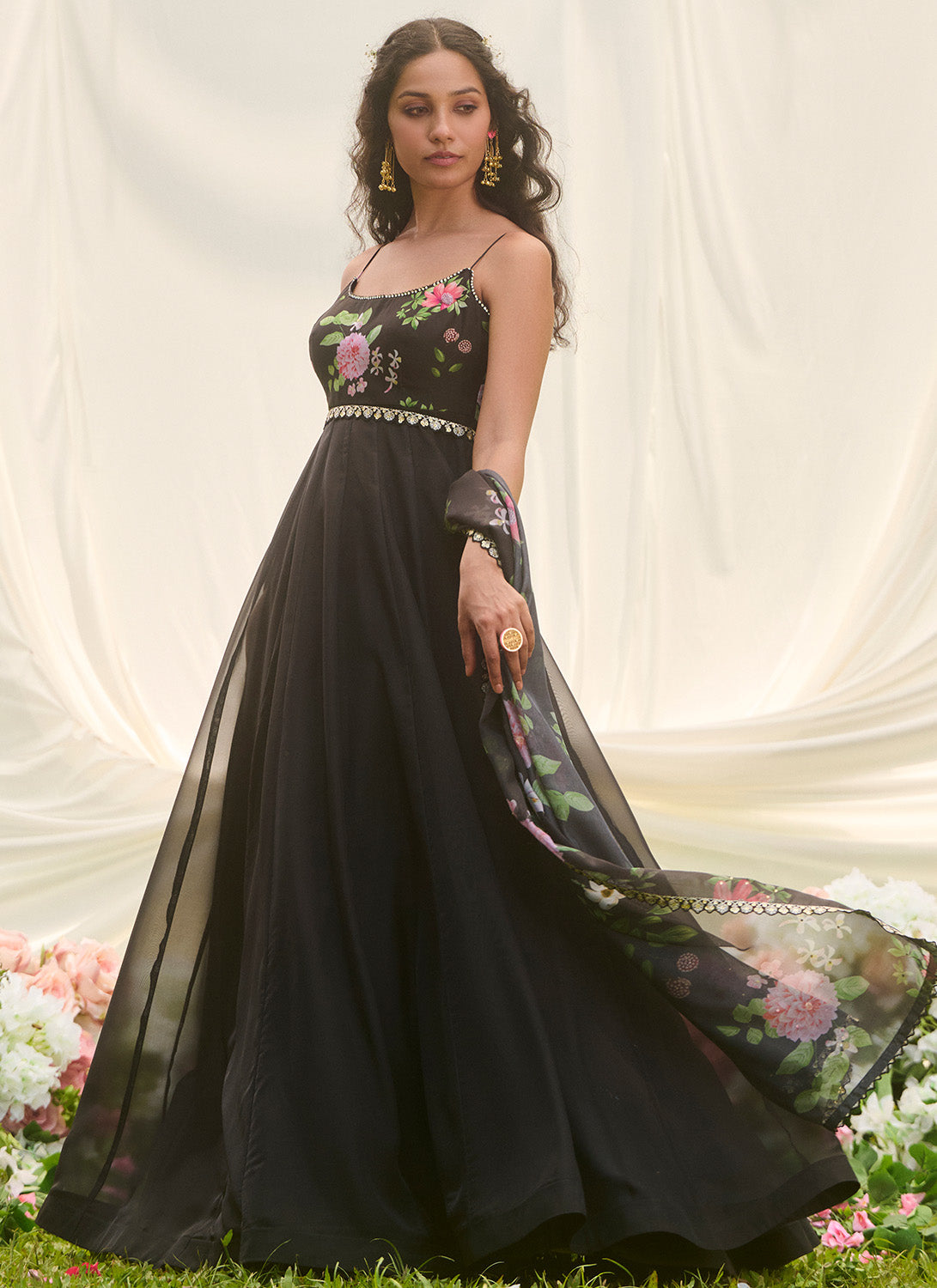 Black Multicolor Floral Printed Anarkali