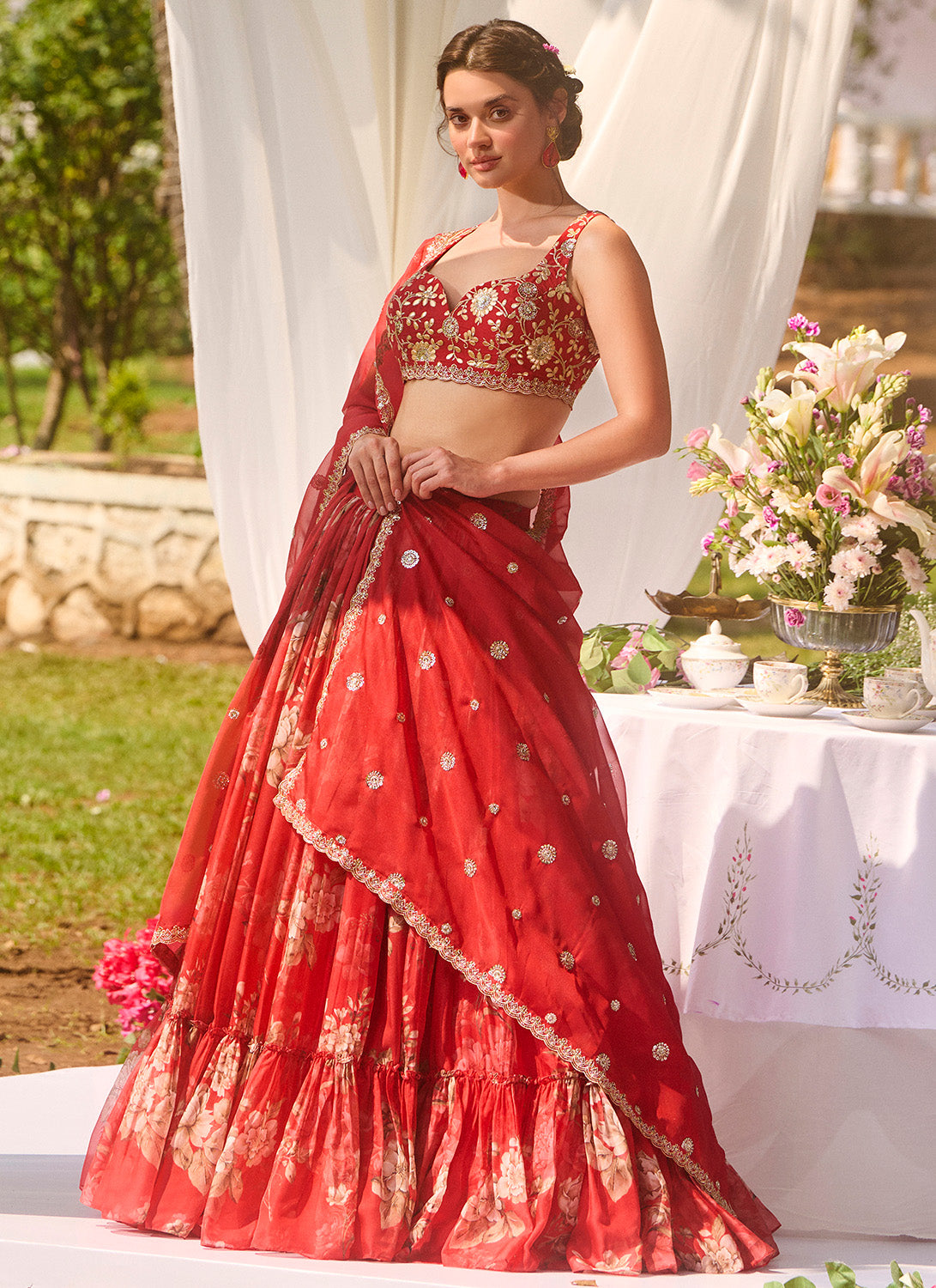 Red Multicolor Floral Embroidered Lehenga