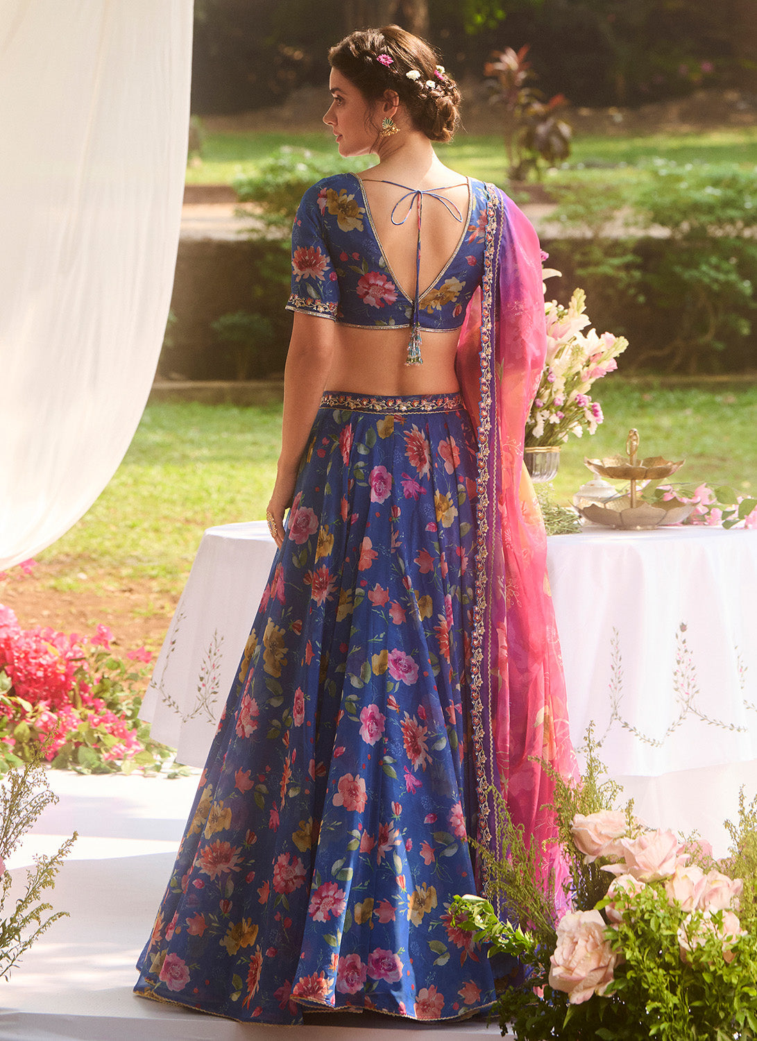 Blue Multicolor Floral Printed Chiffon Lehenga