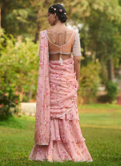 Light Pink Floral Embroidered Ruffled Saree