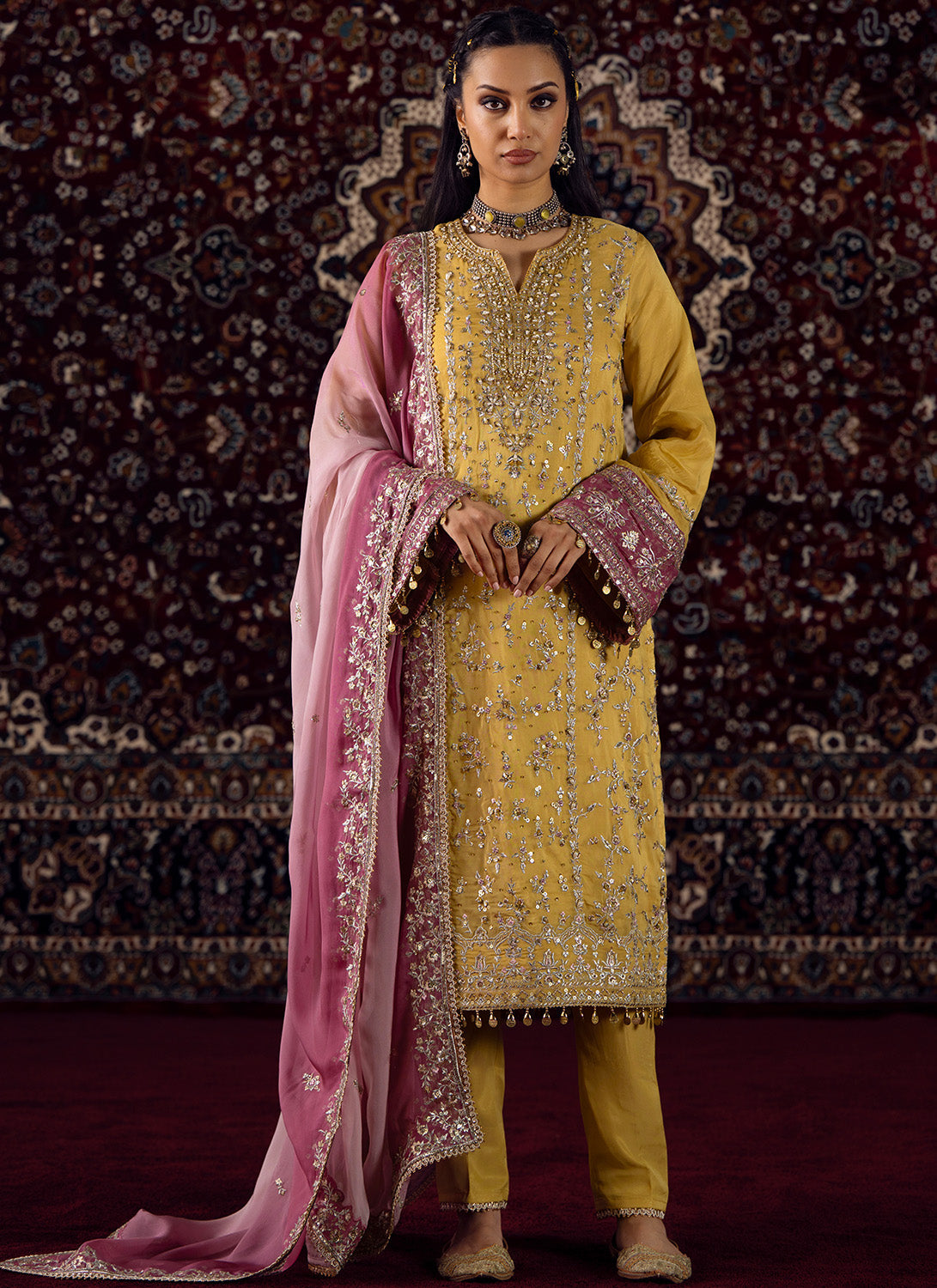 Yellow Embroidered Straight Suit