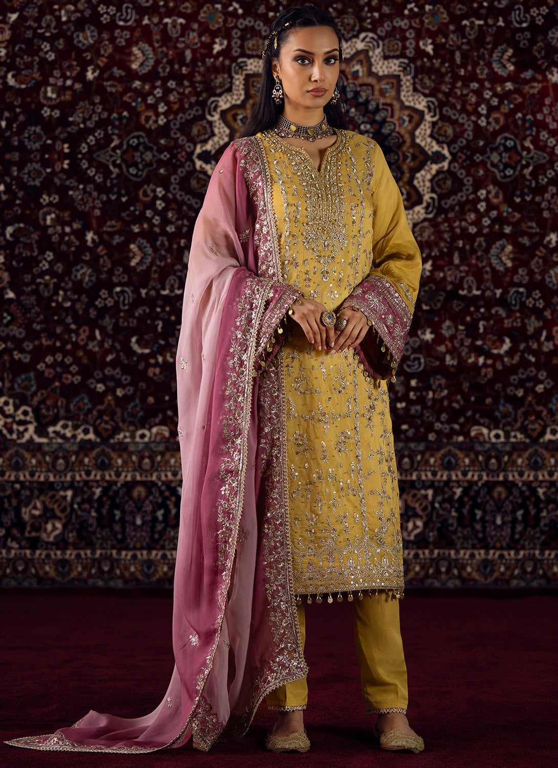 Yellow Embroidered Straight Suit