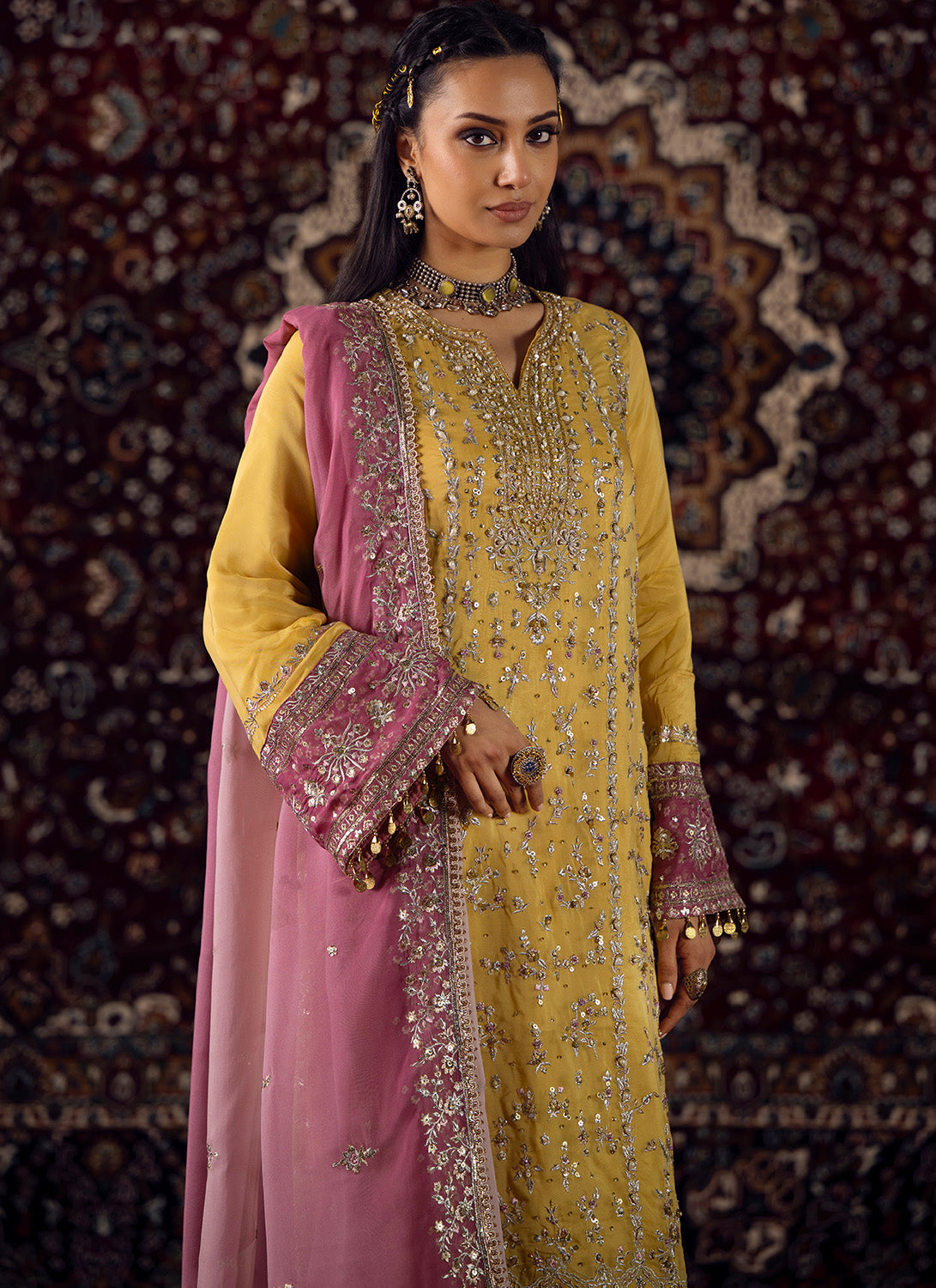 Yellow Embroidered Straight Suit