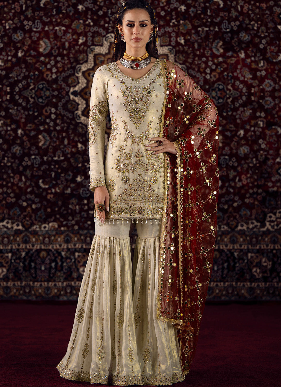 White and Maroon Embroidered Georgette Gharara