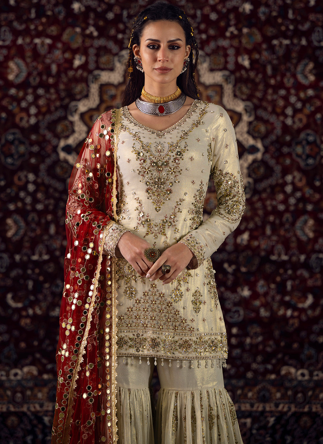 White and Maroon Embroidered Georgette Gharara