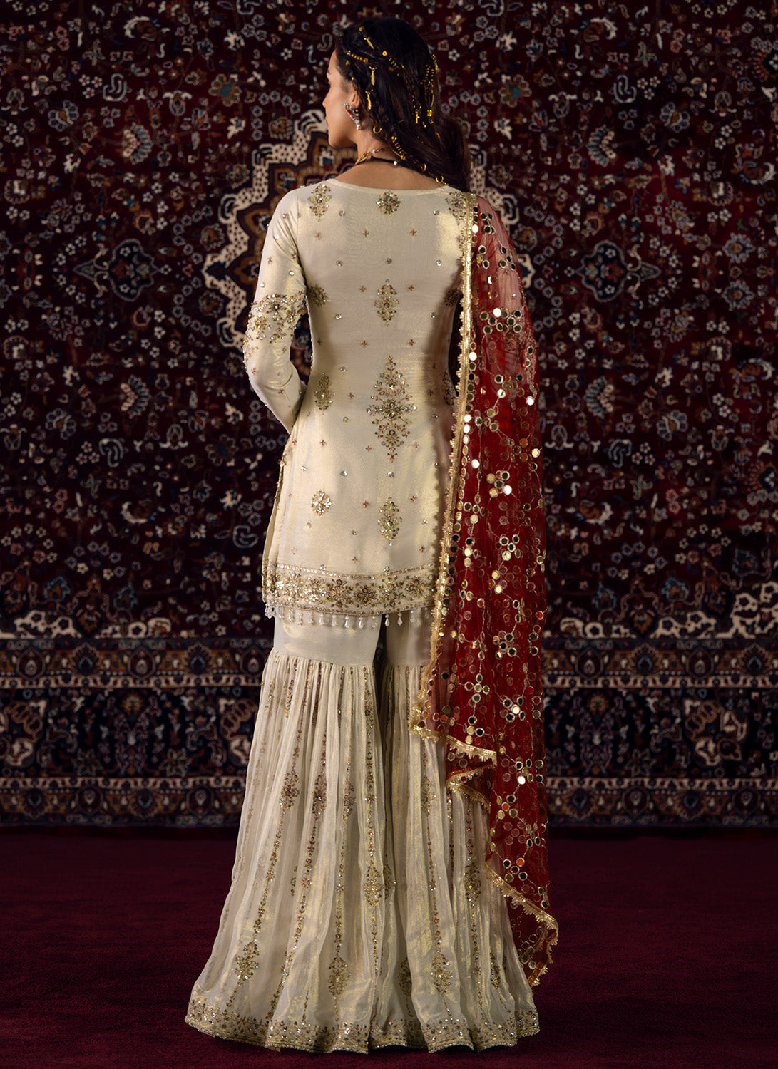 White and Maroon Embroidered Georgette Gharara