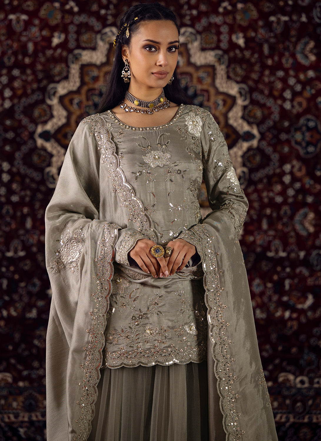 Grey Embroidered Silk Sharara Suit