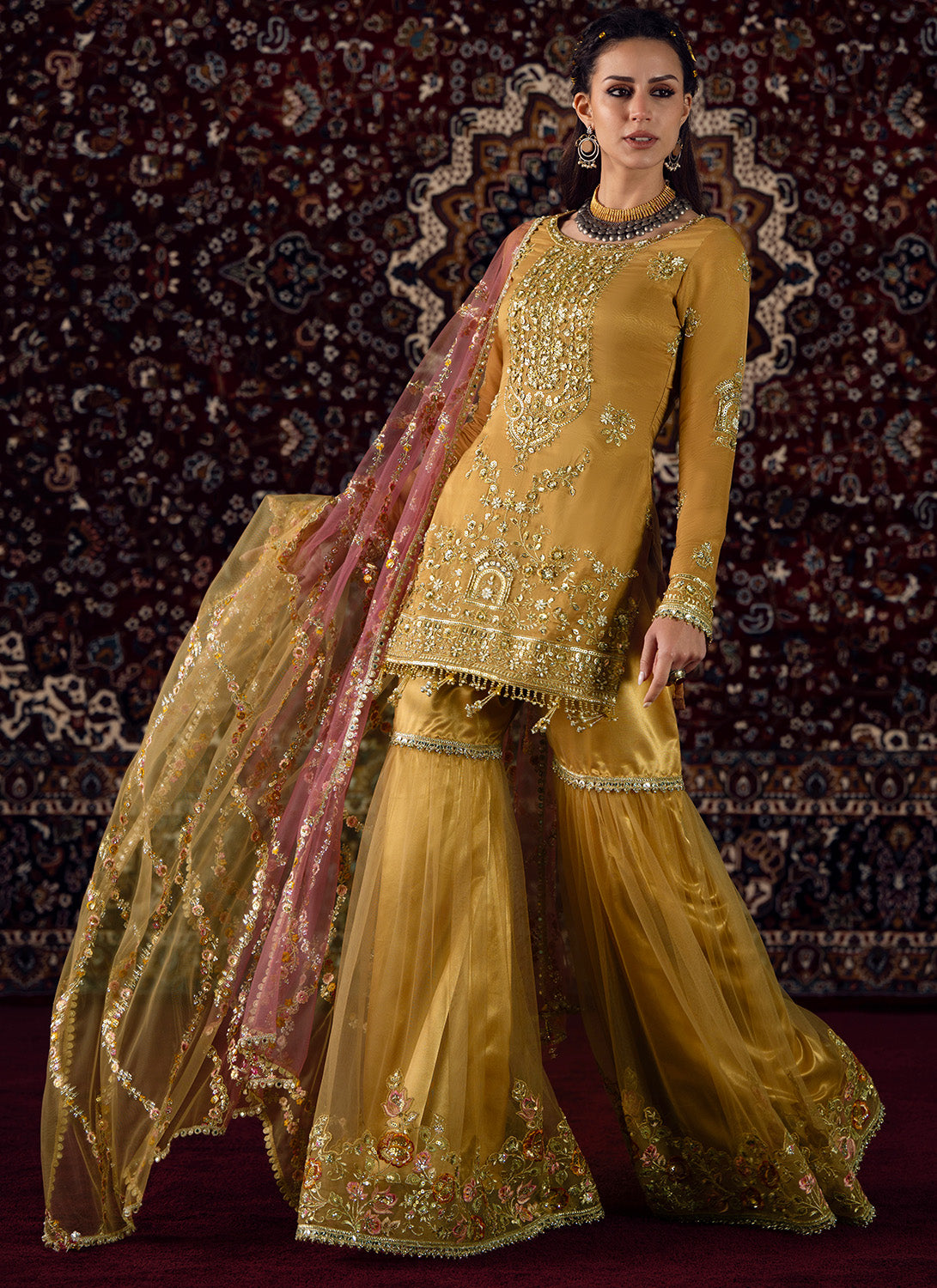 Mustard and Pink Embroidered Tissue Gharara