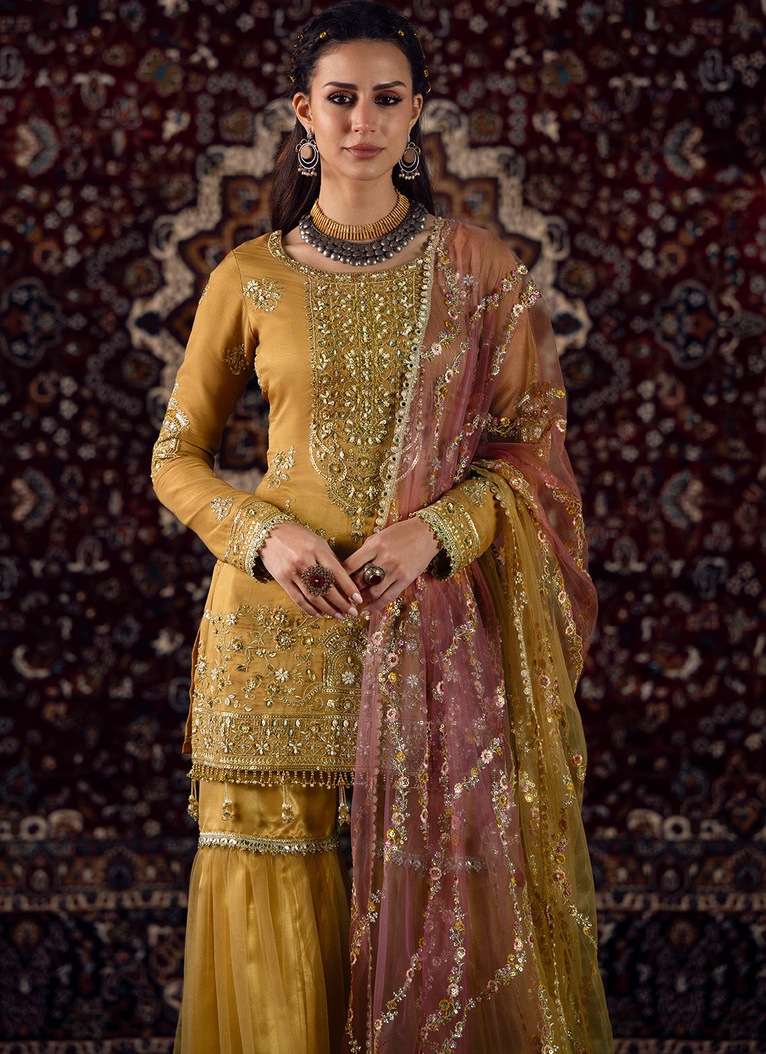 Mustard and Pink Embroidered Tissue Gharara